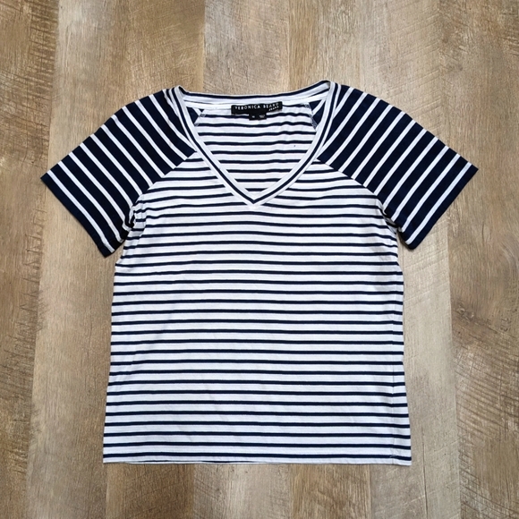 Veronica Beard Tops - Veronica Beard Navy Blue and White Striped V Neck Tee Shirt